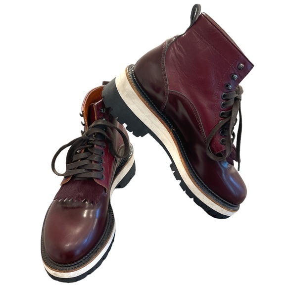DSQUARED2 Shoes - DSQUARED2 Red Oxblood Lace Up Chunky Vibram Lug Sole Calf Hair & Leather boots